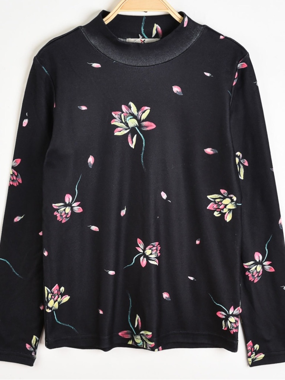 Melange Black Floral Mock Neck Long Sleeve Top